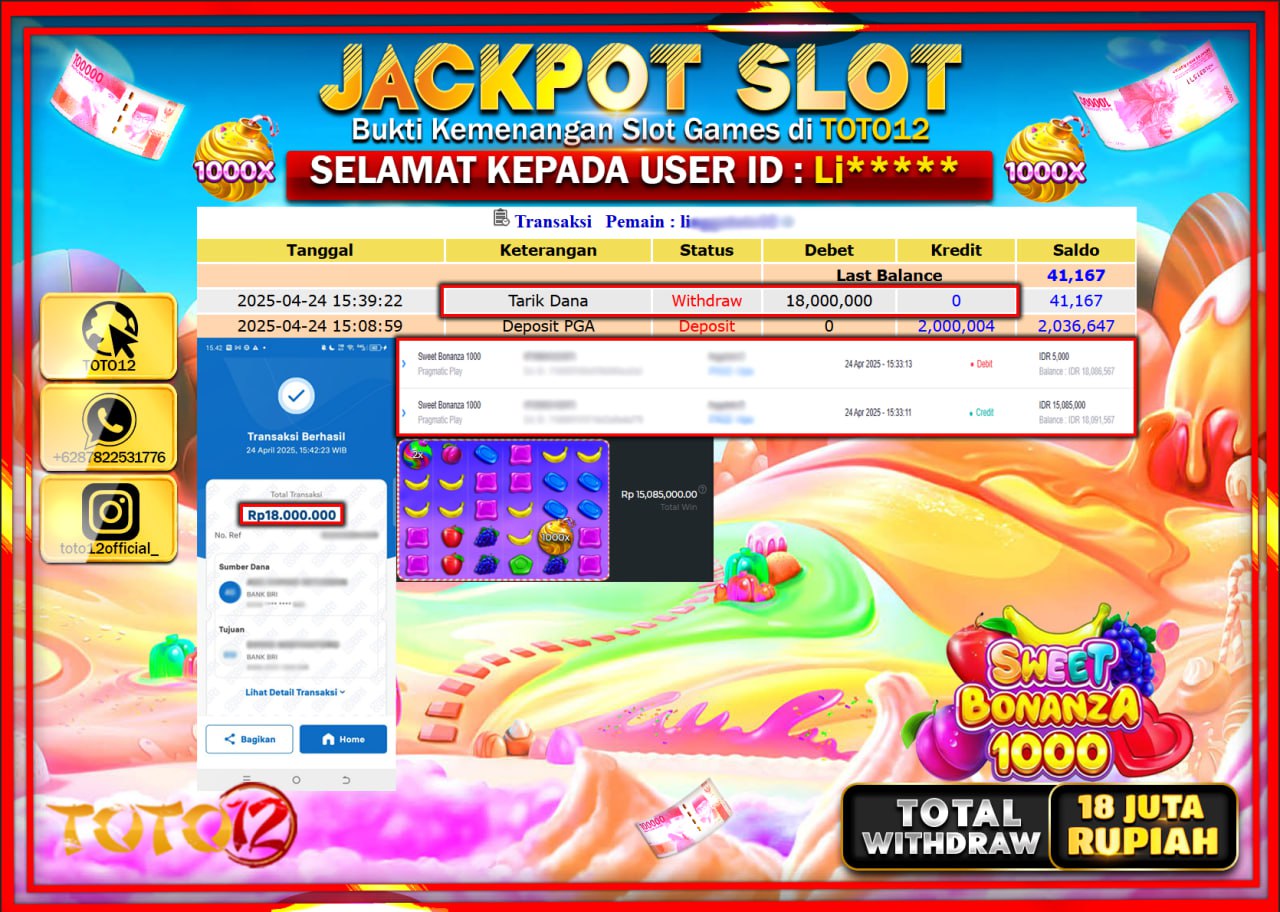 HANYA DI TOTO12 JP PASTI DI BAYAR LUNAS DAN CEPAT!!!!!! JACKPOT SLOT GAME (SWEET BONANZA 1000) Rp.18.000.000 !!!!