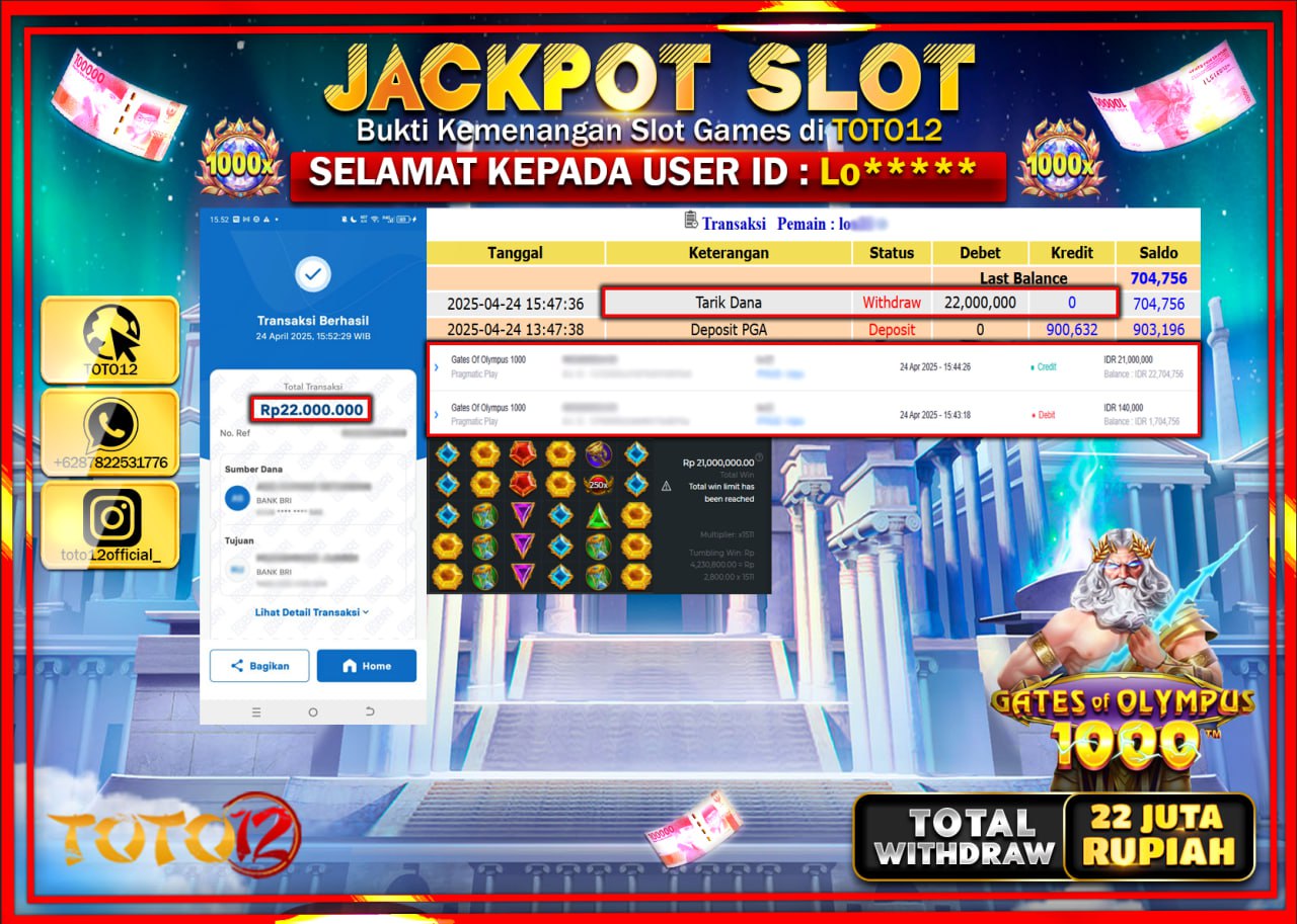 HANYA DI TOTO12 JP PASTI DI BAYAR LUNAS DAN CEPAT!!!!!! JACKPOT SLOT GAME (GATES OF OLYMPUS 1000) Rp.22.000.000 !!!!