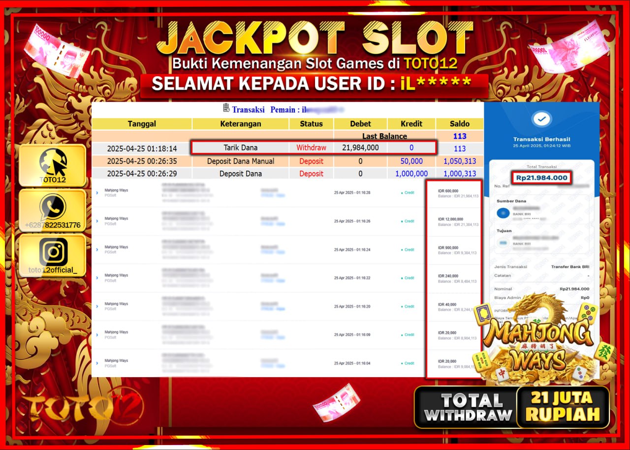 HANYA DI TOTO12 JP PASTI DI BAYAR LUNAS DAN CEPAT!!!!!! JACKPOT SLOT GAME (MAHJONG WAYS) Rp.21.000.000 !!!!