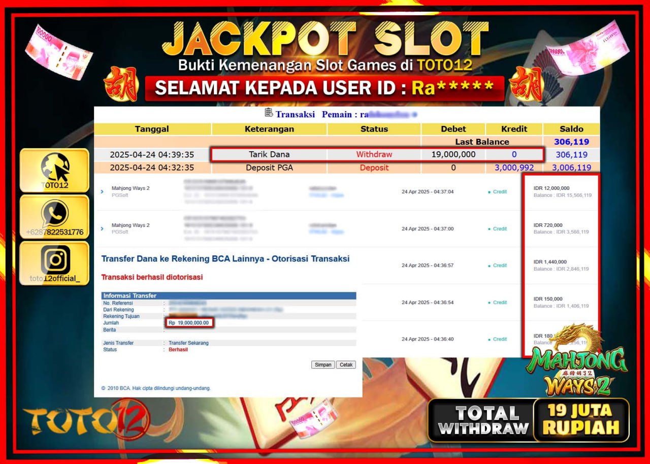 HANYA DI TOTO12 JP PASTI DI BAYAR LUNAS DAN CEPAT!!!!!! JACKPOT SLOT GAME (MAHJONG WAYS 2) Rp.19.000.000 !!!!