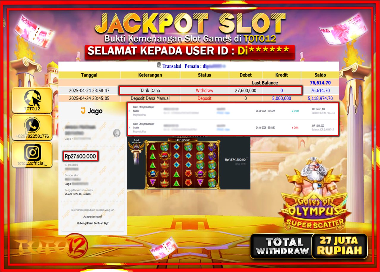 HANYA DI TOTO12 JP PASTI DI BAYAR LUNAS DAN CEPAT!!!!!! JACKPOT SLOT GAME (GATES OF OLYMPUS SUPER SCATTER) Rp.27.000.000 !!!!
