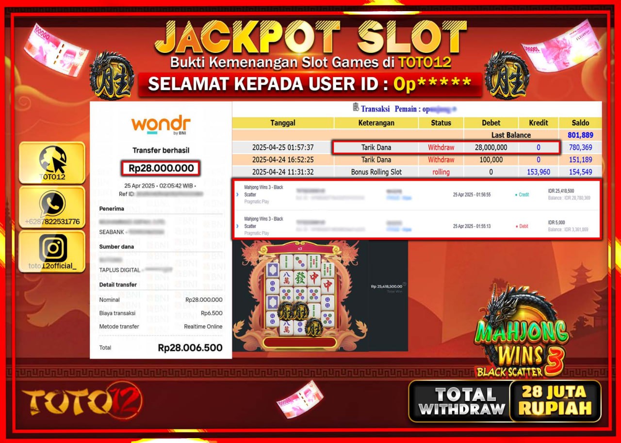 HANYA DI TOTO12 JP PASTI DI BAYAR LUNAS DAN CEPAT!!!!!! JACKPOT SLOT GAME (MAHJONG WINS 3 BLACK SCATTER) Rp.28.000.000 !!!!