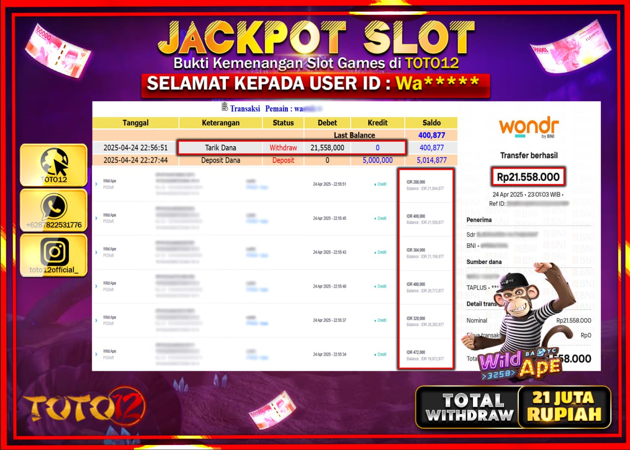 HANYA DI TOTO12 JP PASTI DI BAYAR LUNAS DAN CEPAT!!!!!! JACKPOT SLOT GAME (WILD APE) Rp.21.000.000 !!!!