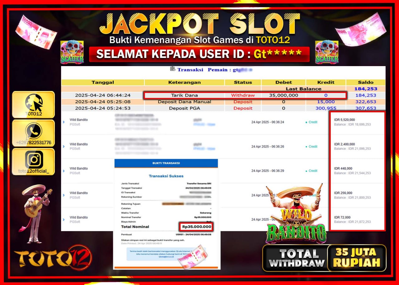 HANYA DI TOTO12 JP PASTI DI BAYAR LUNAS DAN CEPAT!!!!!! JACKPOT SLOT GAME (WILD BANDITO) Rp.35.000.000 !!!!