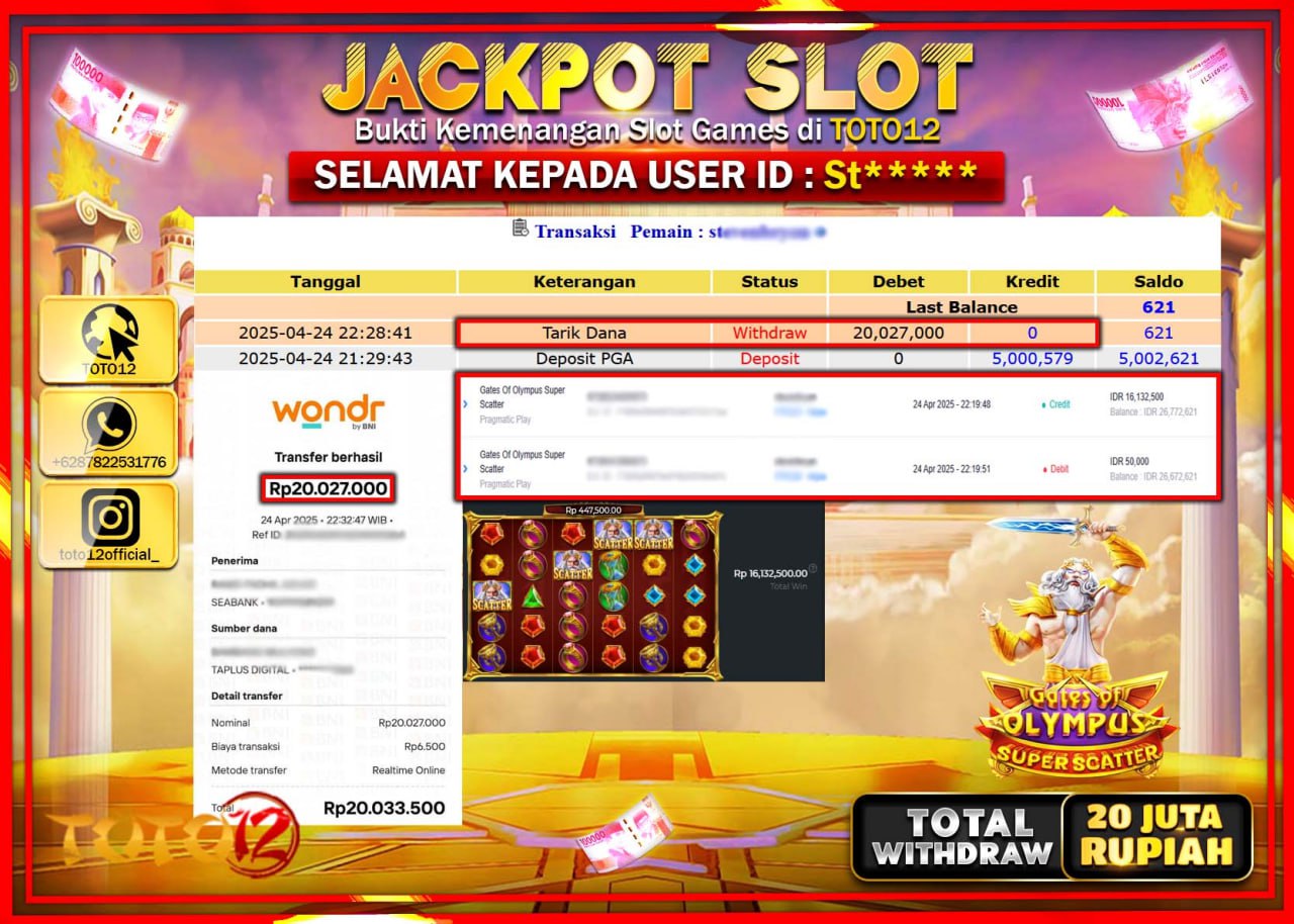 HANYA DI TOTO12 JP PASTI DI BAYAR LUNAS DAN CEPAT!!!!!! JACKPOT SLOT GAME (GATES OF OLYMPUS SUPER SCATTER) Rp.20.000.000 !!!!