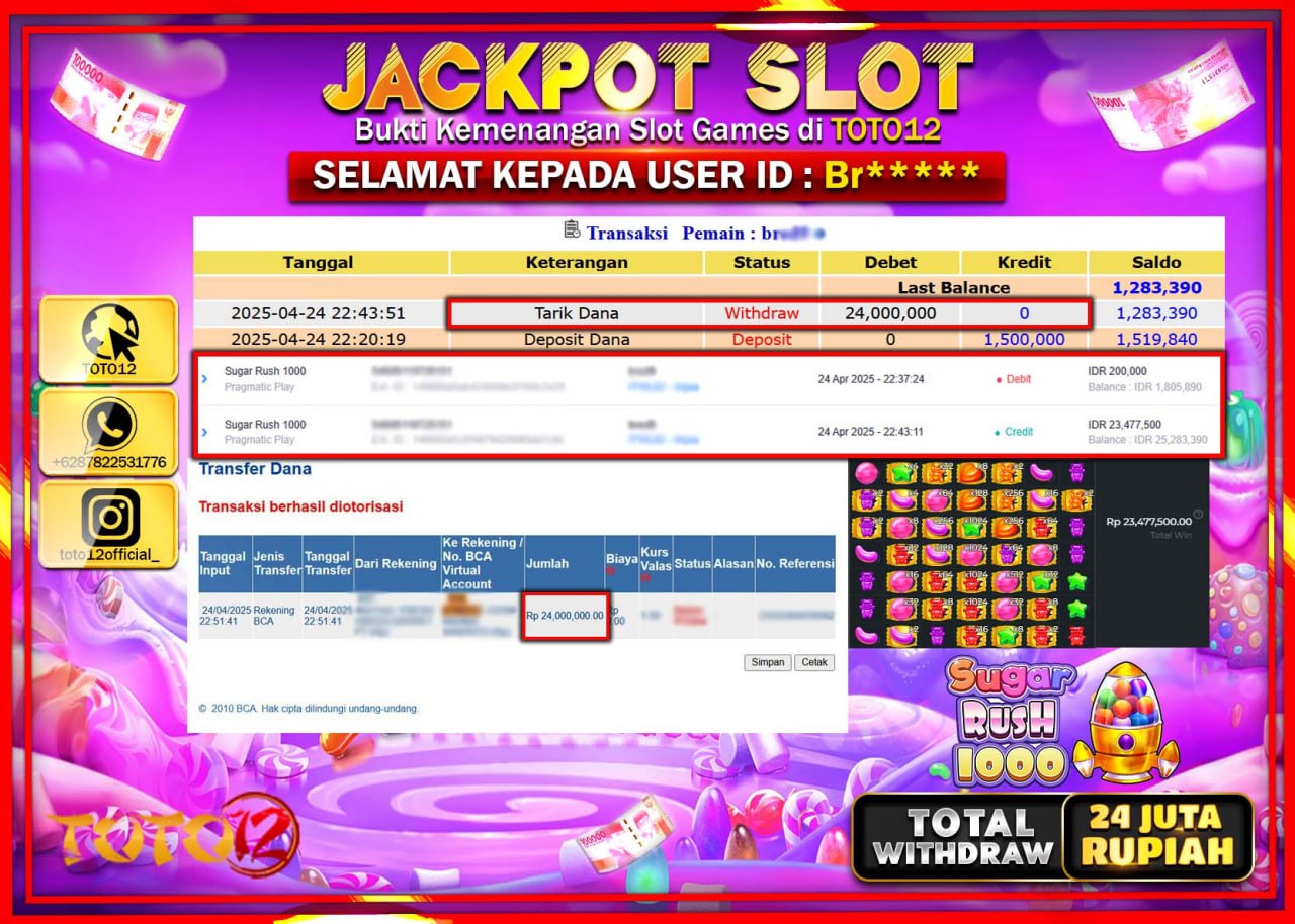 HANYA DI TOTO12 JP PASTI DI BAYAR LUNAS DAN CEPAT!!!!!! JACKPOT SLOT GAME (SUGAR RUSH 1000) Rp.24.000.000 !!!!