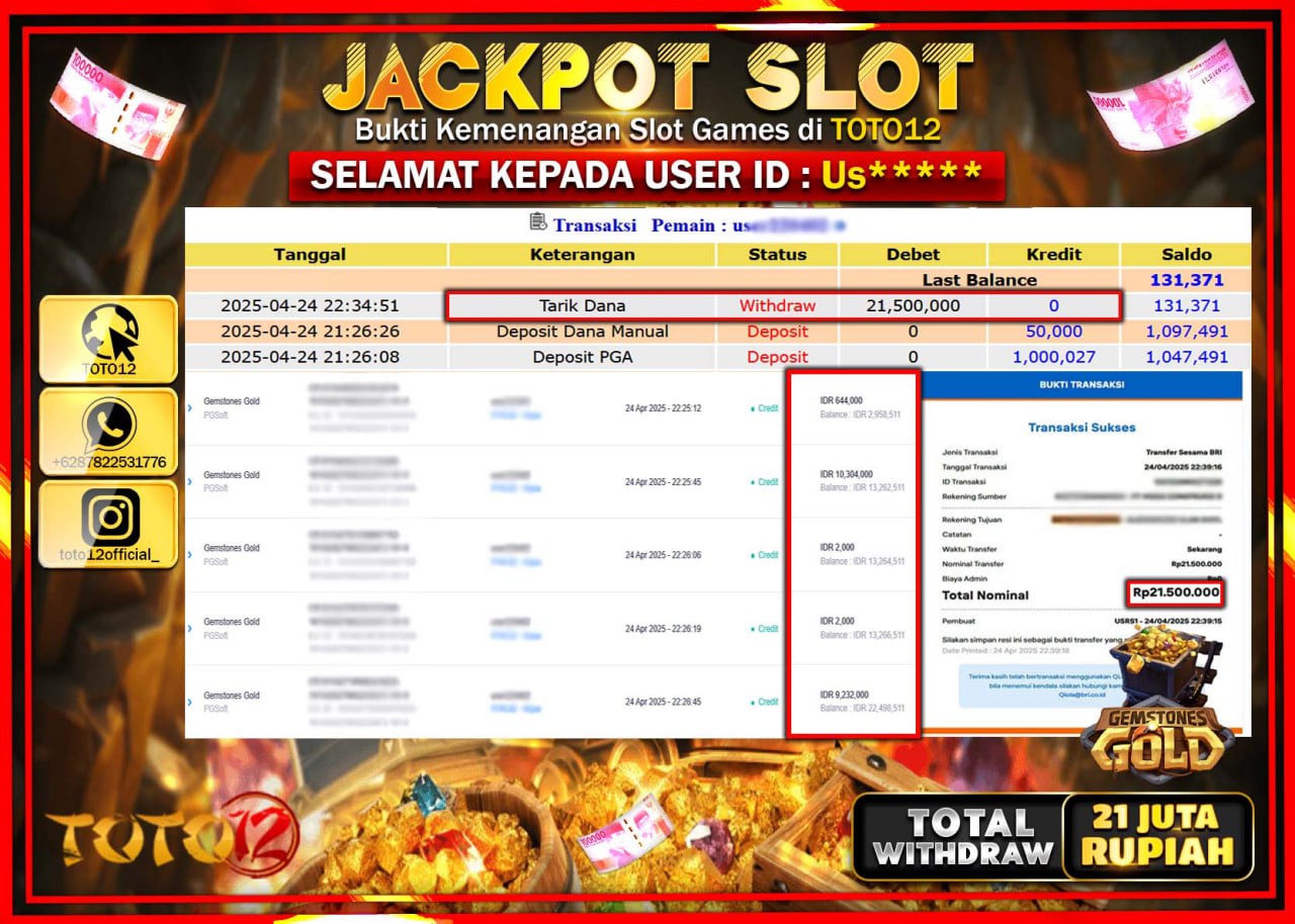 HANYA DI TOTO12 JP PASTI DI BAYAR LUNAS DAN CEPAT!!!!!! JACKPOT SLOT GAME (GEMSTONES GOLD) Rp.21.000.000 !!!!