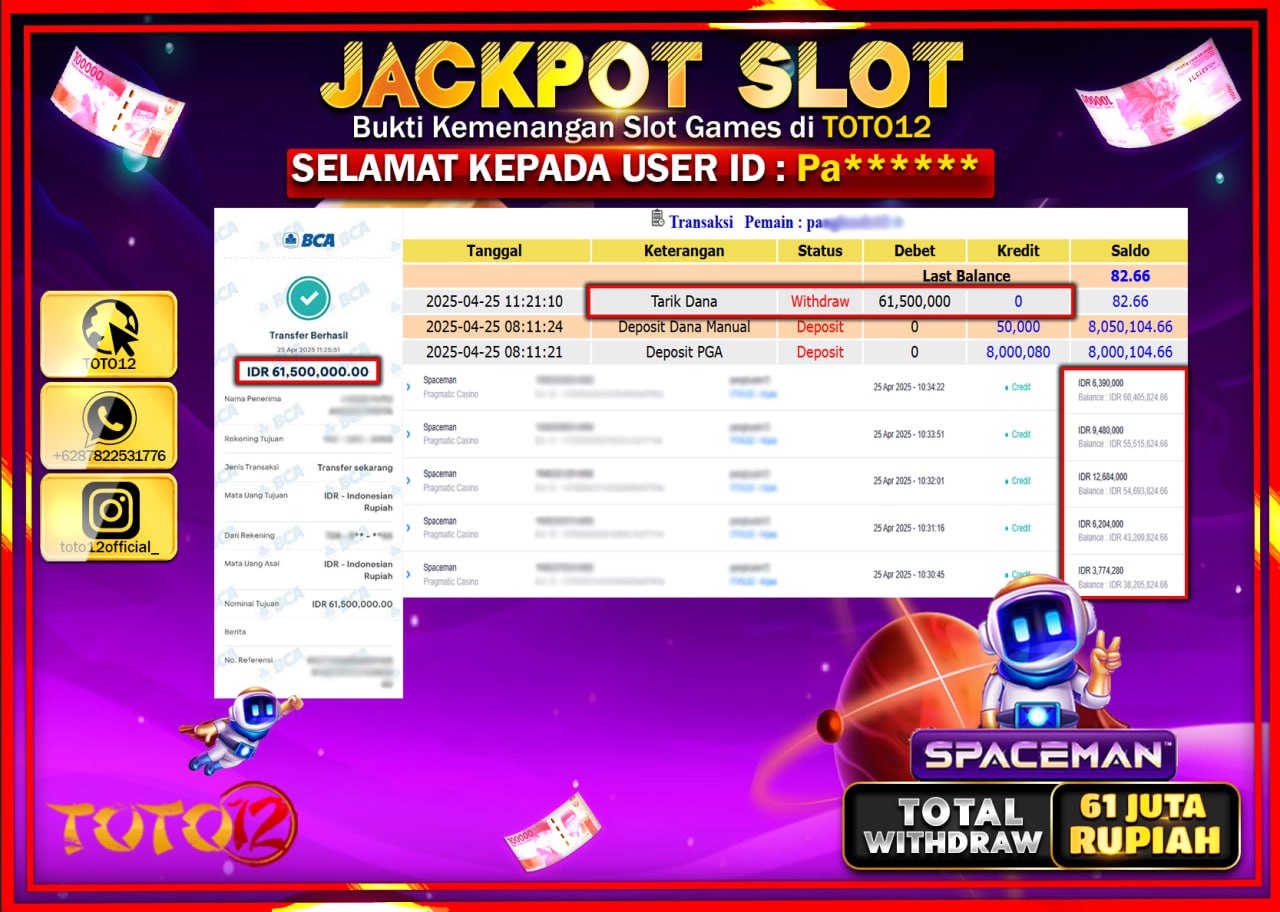 HANYA DI TOTO12 JP PASTI DI BAYAR LUNAS DAN CEPAT!!!!!! JACKPOT SLOT GAME (SPACEMAN) Rp.61.000.000 !!!!