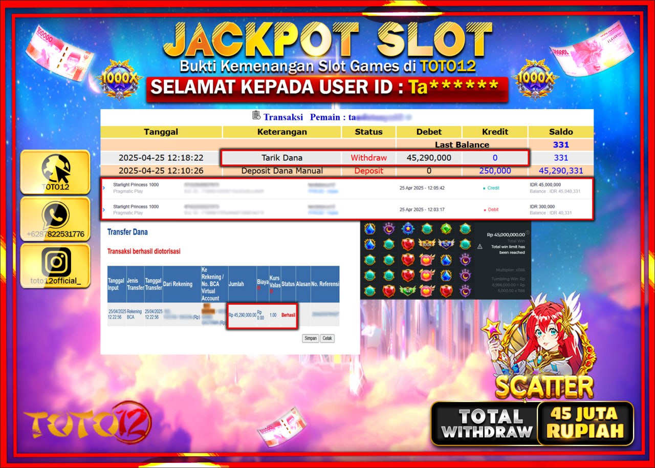 HANYA DI TOTO12 JP PASTI DI BAYAR LUNAS DAN CEPAT!!!!!! JACKPOT SLOT GAME (STARLIGHT PRINCESS 1000) Rp.45.000.000 !!!!