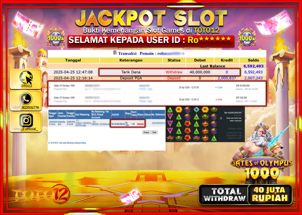 HANYA DI TOTO12 JP PASTI DI BAYAR LUNAS DAN CEPAT!!!!!! JACKPOT SLOT GAME (GATES OF OLYMPUS 1000) Rp.40.000.000 !!!!