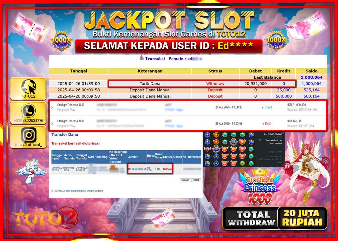 HANYA DI TOTO12 JP PASTI DI BAYAR LUNAS DAN CEPAT!!!!!! JACKPOT SLOT GAME (STARLIGHT PRINCESS 1000) Rp.20.000.000 !!!!