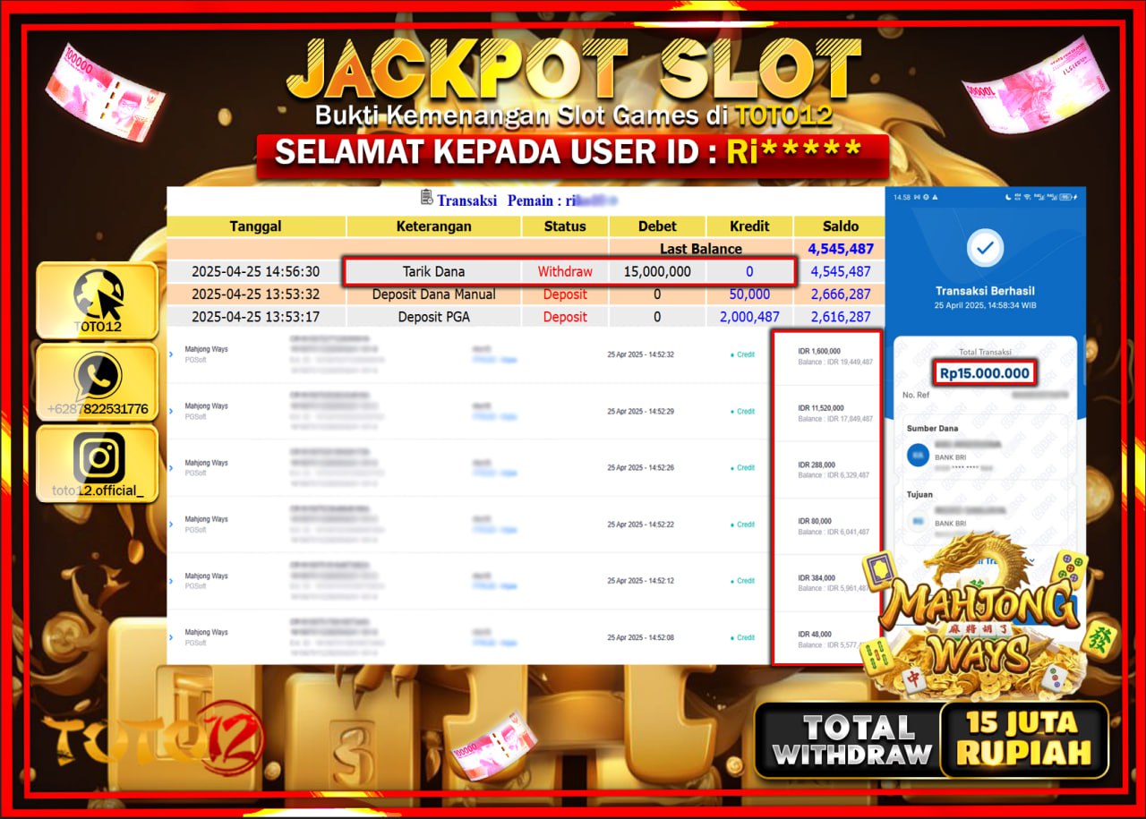 HANYA DI TOTO12 JP PASTI DI BAYAR LUNAS DAN CEPAT!!!!!! JACKPOT SLOT GAME (MAHJONG WAYS) Rp.15.000.000 !!!!