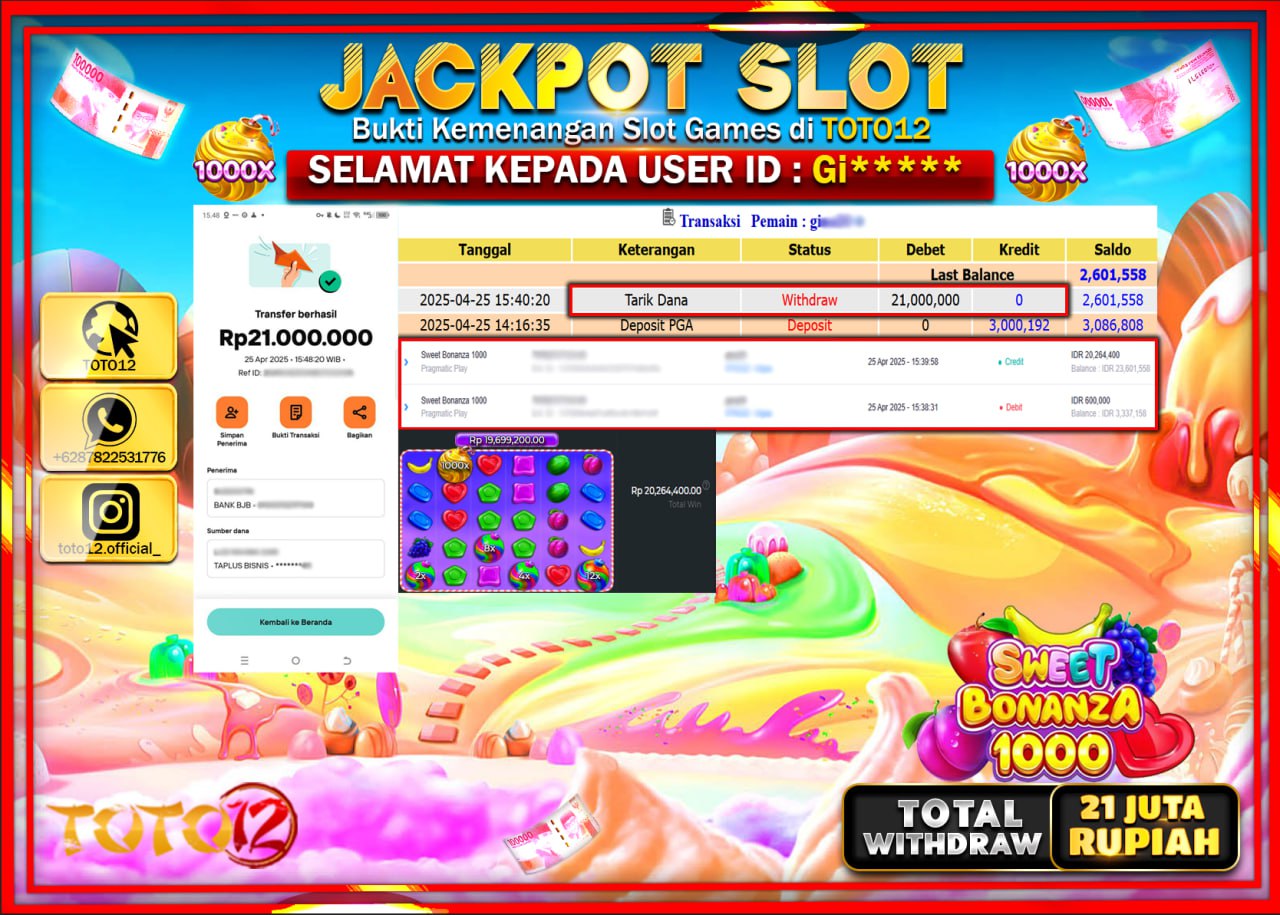 HANYA DI TOTO12 JP PASTI DI BAYAR LUNAS DAN CEPAT!!!!!! JACKPOT SLOT GAME (SWEET BONANZA 1000) Rp.21.000.000 !!!!