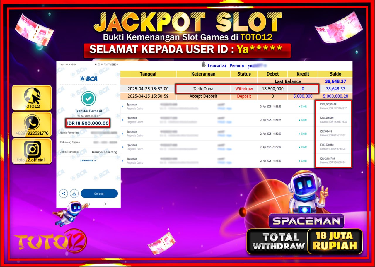 HANYA DI TOTO12 JP PASTI DI BAYAR LUNAS DAN CEPAT!!!!!! JACKPOT SLOT GAME (SPACEMAN) Rp.18.000.000 !!!!