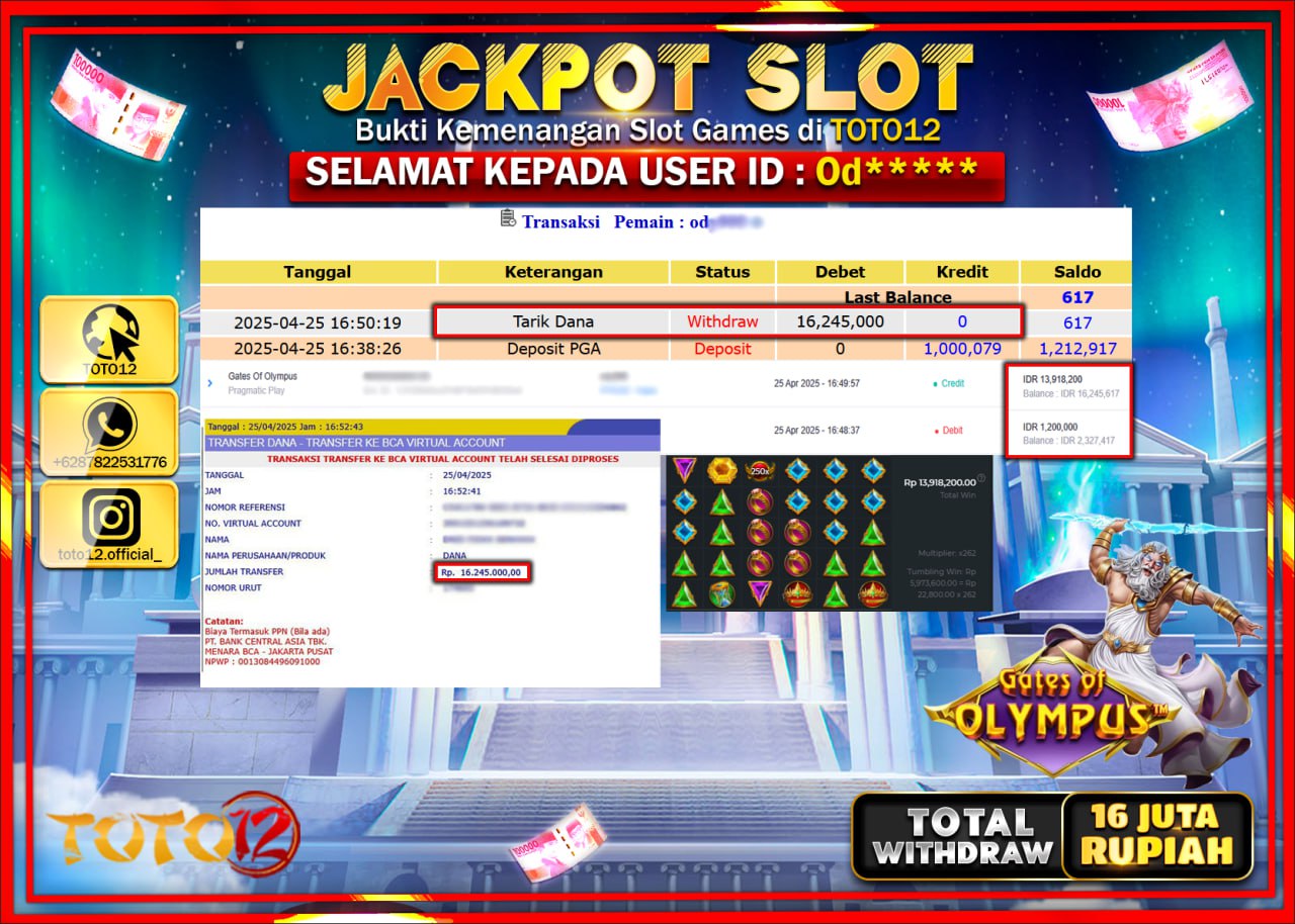 HANYA DI TOTO12 JP PASTI DI BAYAR LUNAS DAN CEPAT!!!!!! JACKPOT SLOT GAME (GATES OF OLYMPUS) Rp.16.000.000 !!!!
