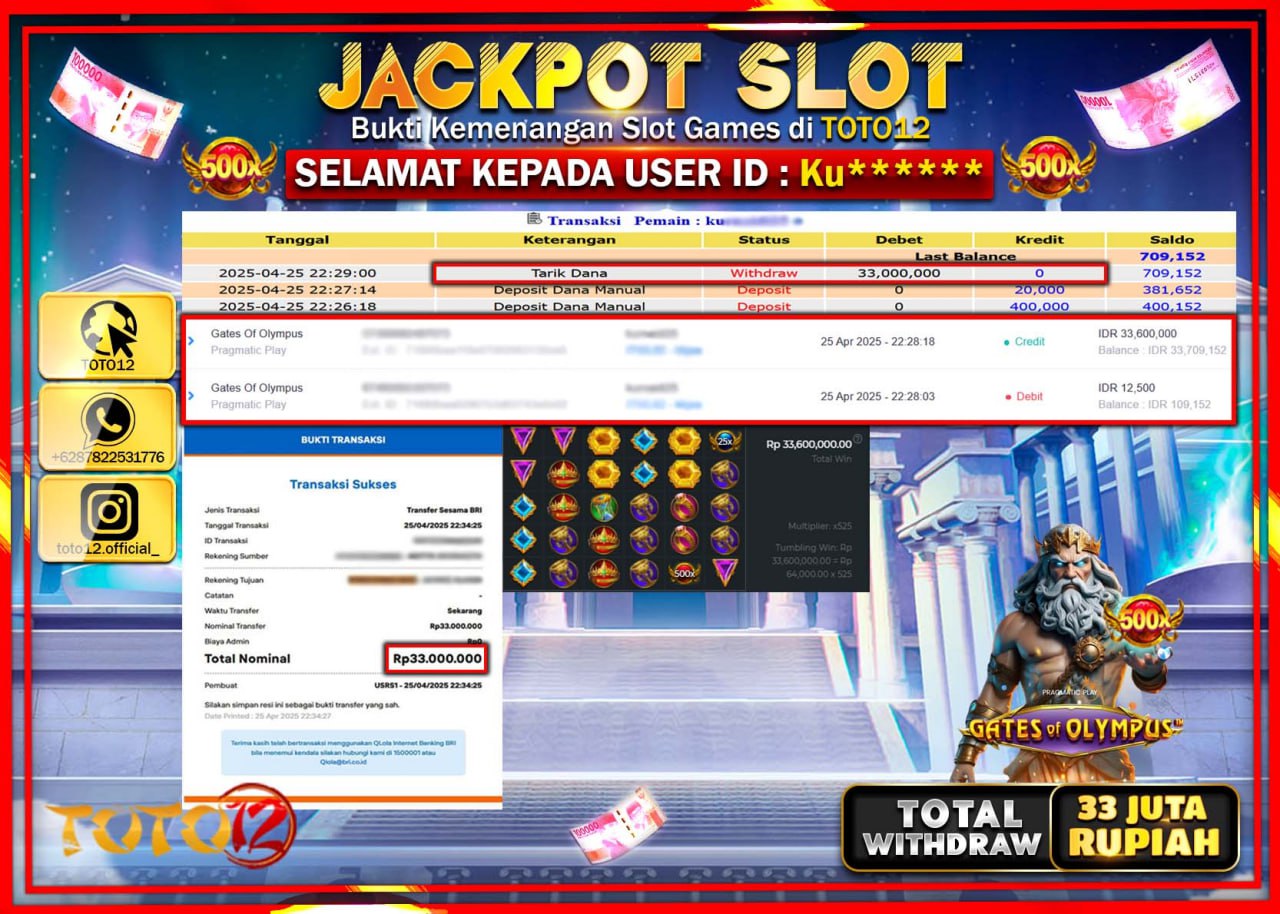 HANYA DI TOTO12 JP PASTI DI BAYAR LUNAS DAN CEPAT!!!!!! JACKPOT SLOT GAME (GATES OF OLYMPUS) Rp.33.000.000 !!!!