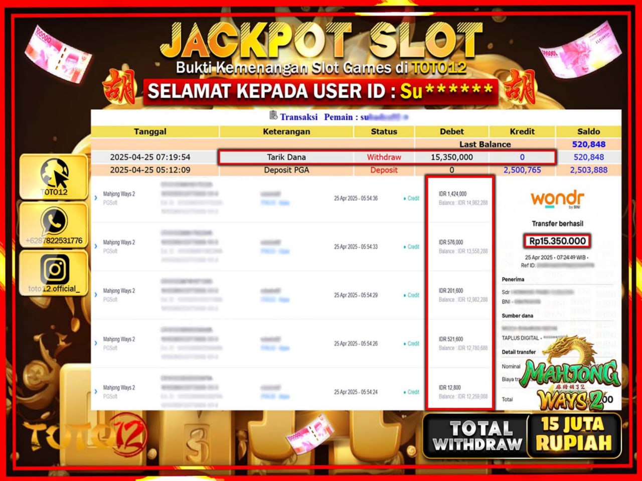 HANYA DI TOTO12 JP PASTI DI BAYAR LUNAS DAN CEPAT!!!!!! JACKPOT SLOT GAME (MAHJONG WAYS 2) Rp.15.000.000 !!!!