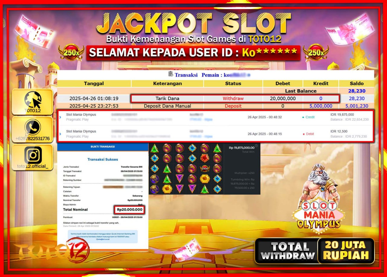 HANYA DI TOTO12 JP PASTI DI BAYAR LUNAS DAN CEPAT!!!!!! JACKPOT SLOT GAME (SLOT MANIA OLYMPUS) Rp.20.000.000 !!!!