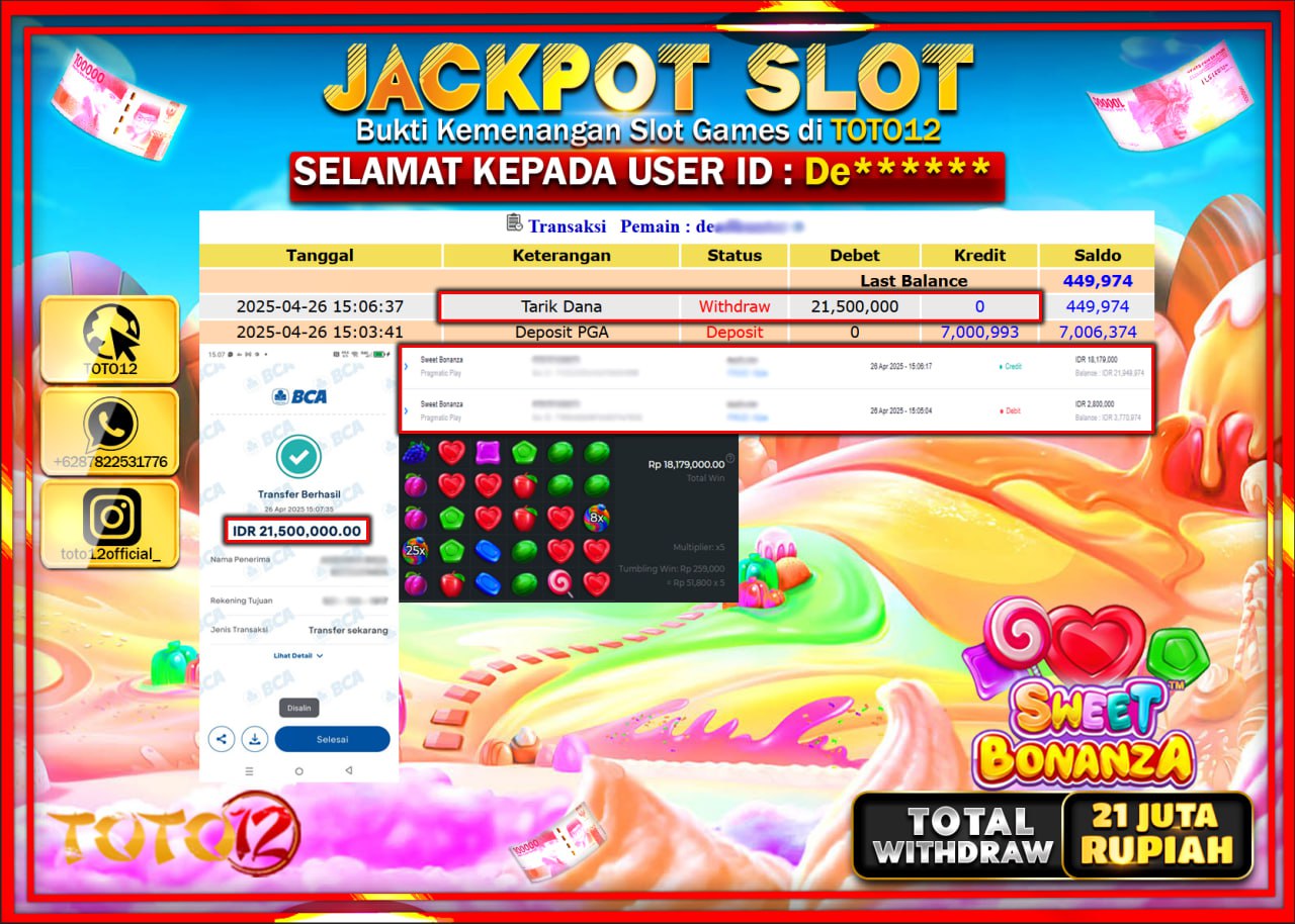 HANYA DI TOTO12 JP PASTI DI BAYAR LUNAS DAN CEPAT!!!!!! JACKPOT SLOT GAME (SWEET BONANZA) Rp.21.000.000 !!!!