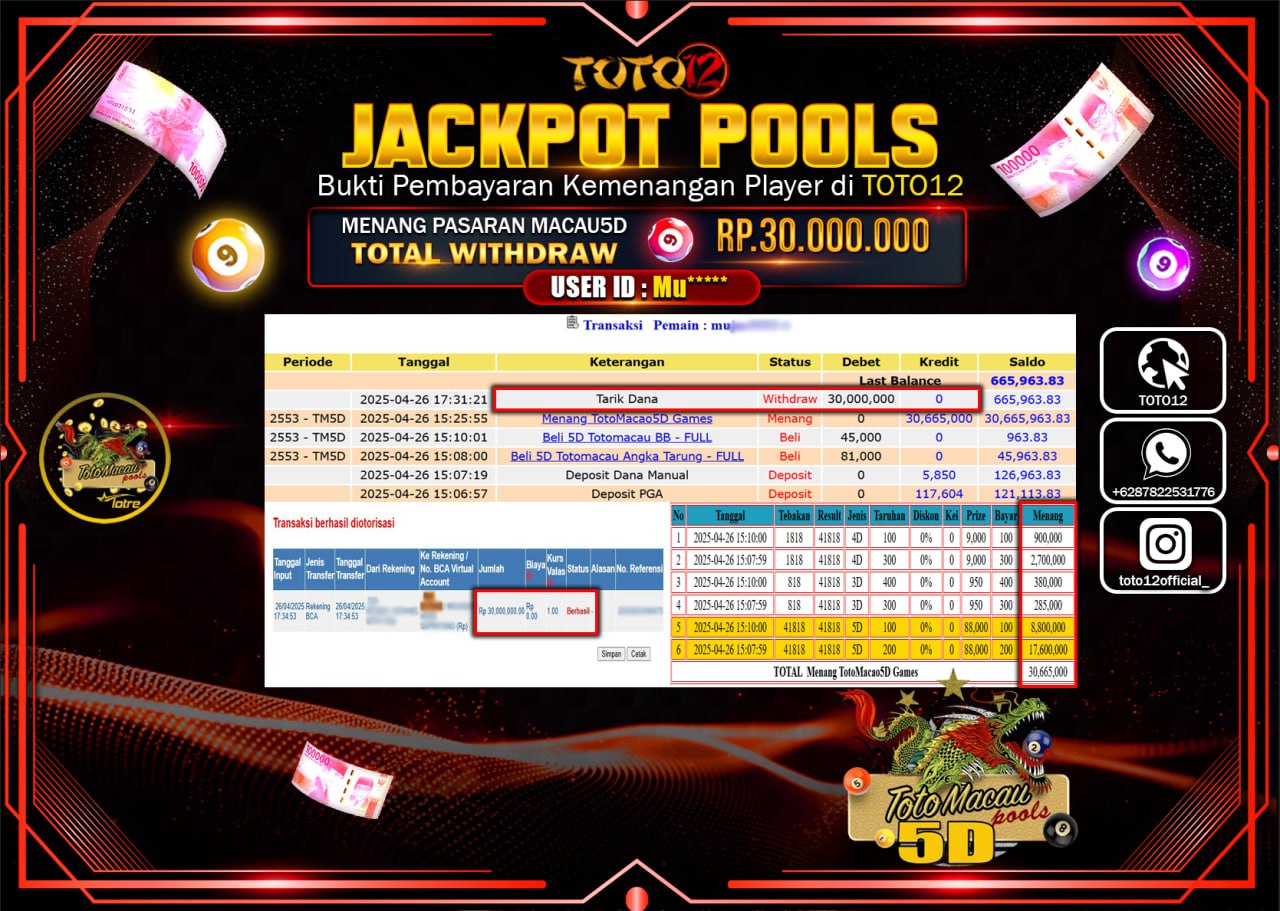 HANYA DI TOTO12 JP PASTI DI BAYAR LUNAS DAN CEPAT!!!!!! JACKPOT POOLS PASARAN (TOTO MACAU5D) Rp.30.000.000 !!!!