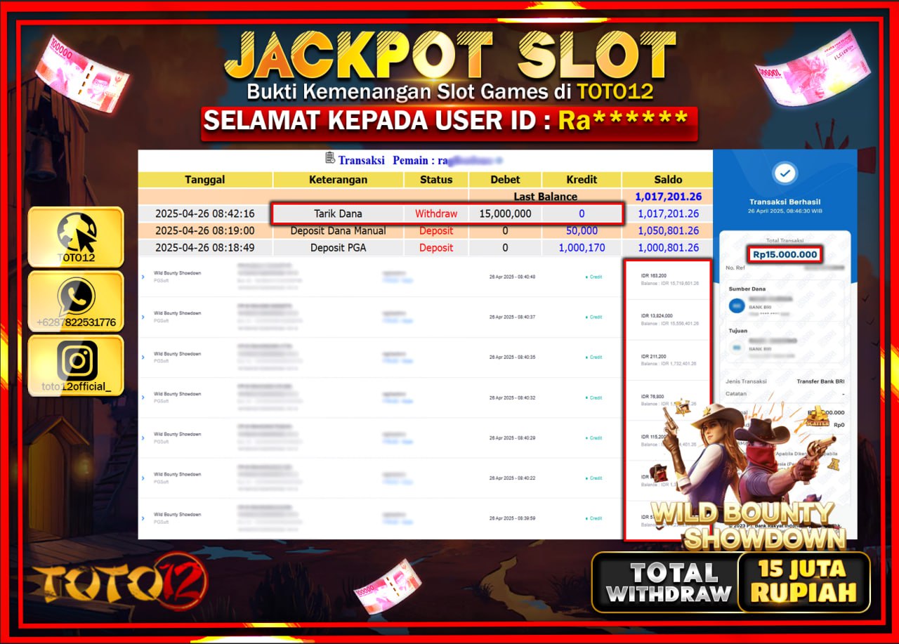HANYA DI TOTO12 JP PASTI DI BAYAR LUNAS DAN CEPAT!!!!!! JACKPOT SLOT GAME (WILD BOUNTY SHOWDOWN) Rp.15.000.000 !!!!