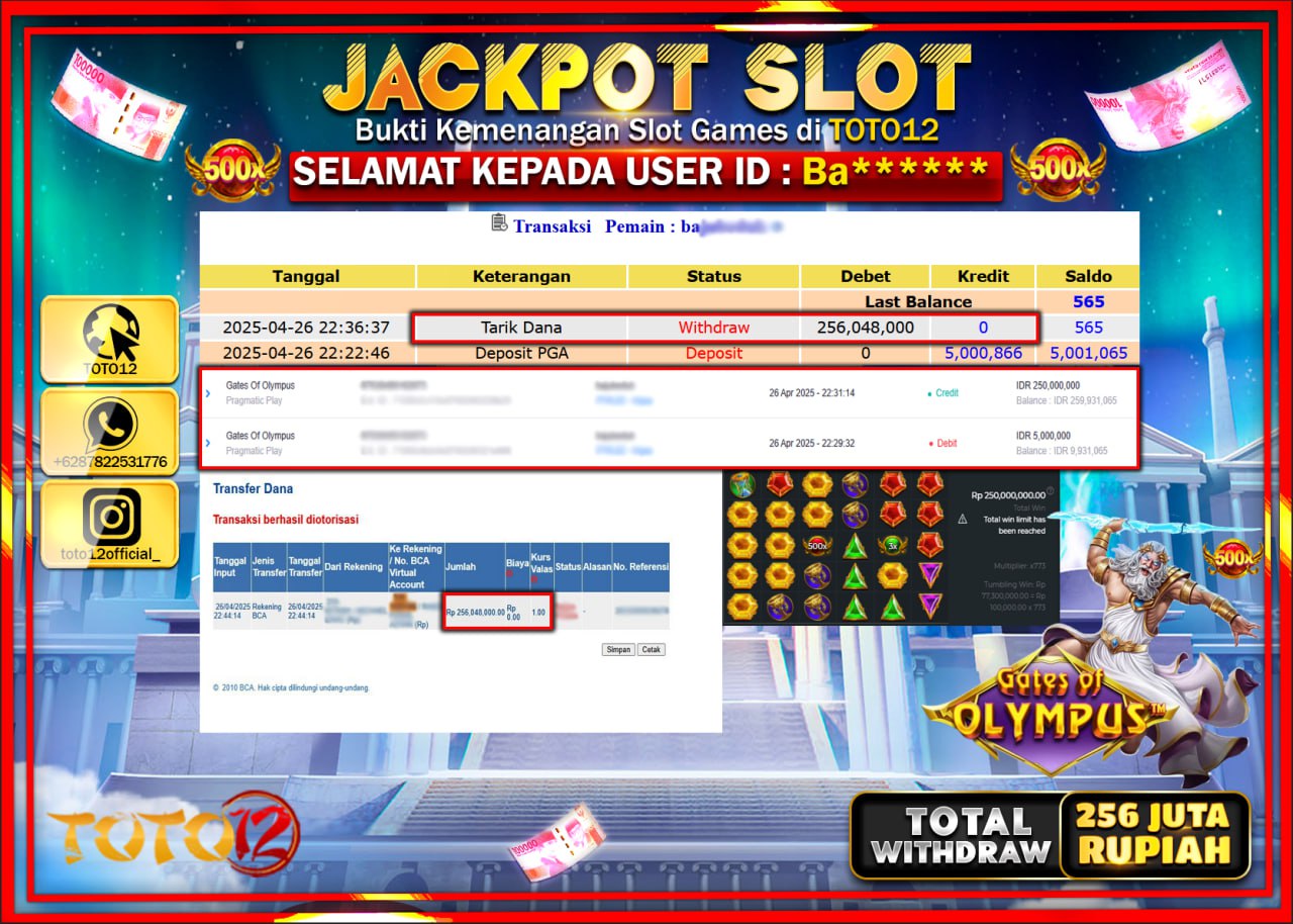 HANYA DI TOTO12 JP PASTI DI BAYAR LUNAS DAN CEPAT!!!!!! JACKPOT SLOT GAME (GATES OF OLYMPUS) Rp.256.000.000 !!!!