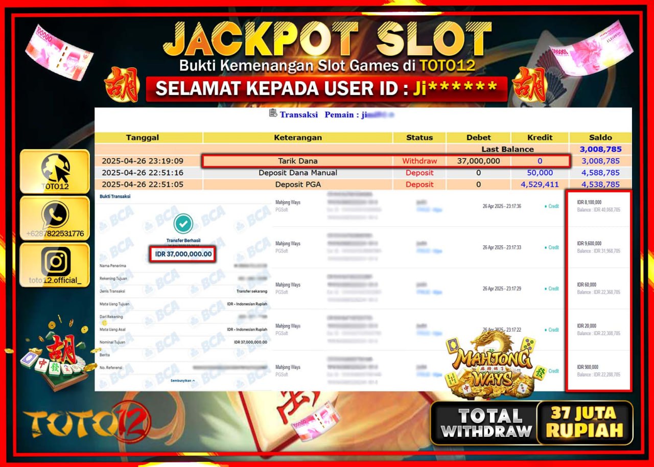HANYA DI TOTO12 JP PASTI DI BAYAR LUNAS DAN CEPAT!!!!!! JACKPOT SLOT GAME (MAHJONG WAYS) Rp.37.000.000 !!!!