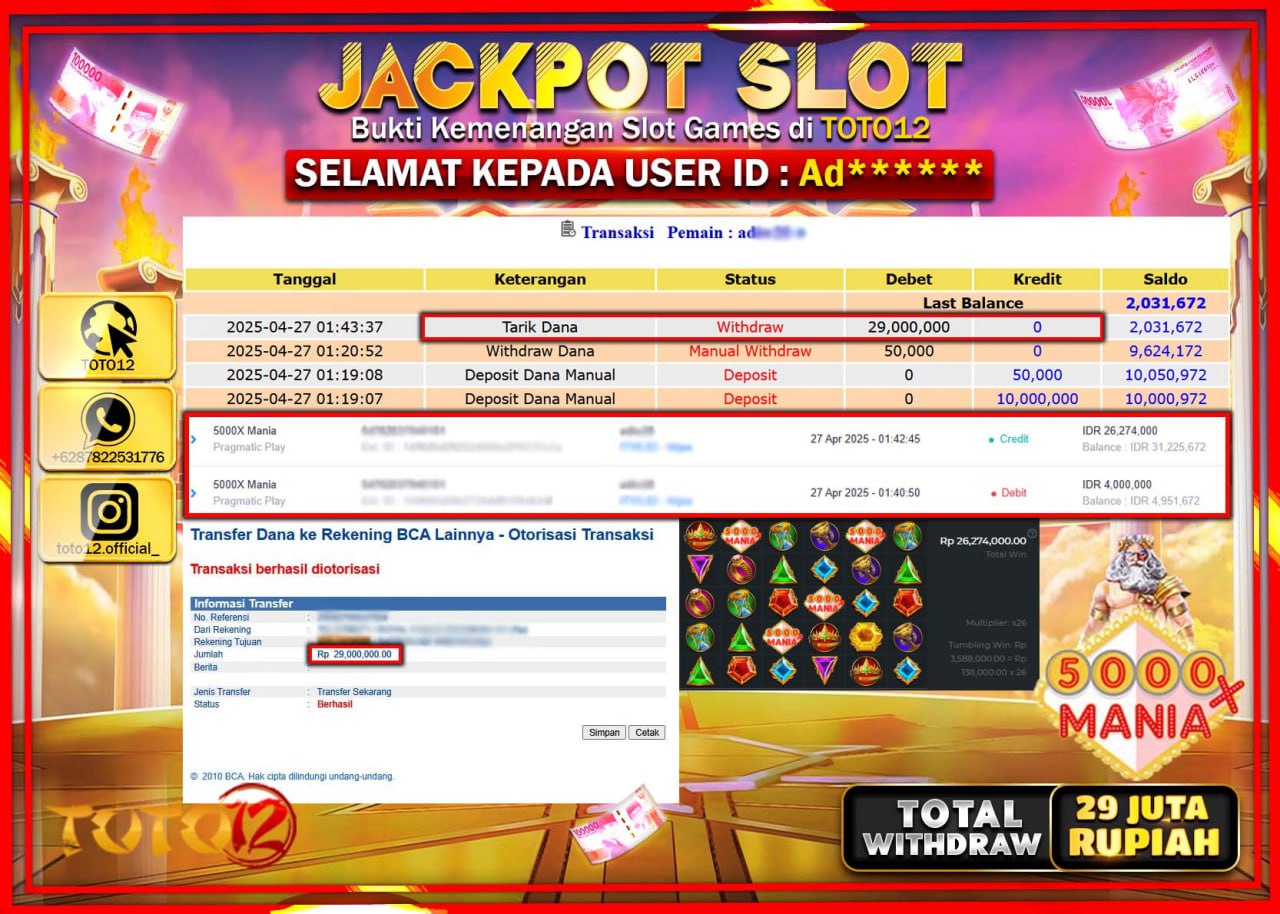 HANYA DI TOTO12 JP PASTI DI BAYAR LUNAS DAN CEPAT!!!!!! JACKPOT SLOT GAME (5000X MANIA) Rp.29.000.000 !!!!