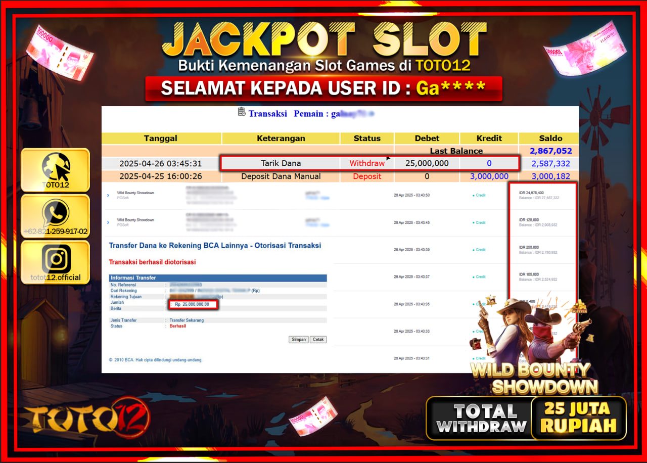 HANYA DI TOTO12 JP PASTI DI BAYAR LUNAS DAN CEPAT!!!!!! JACKPOT SLOT GAME (WILD BOUNTY SHOWDOWN) Rp.25.000.000 !!!!