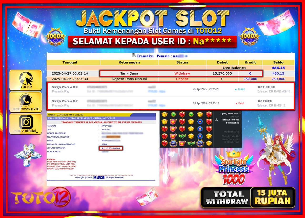 HANYA DI TOTO12 JP PASTI DI BAYAR LUNAS DAN CEPAT!!!!!! JACKPOT SLOT GAME (STARLIGHT PRINCESS 1000) Rp.15.000.000 !!!!