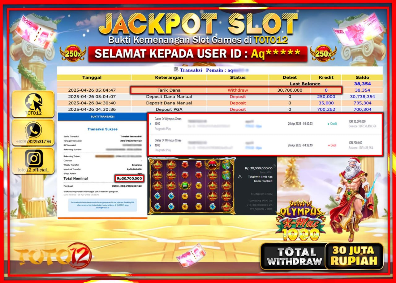 HANYA DI TOTO12 JP PASTI DI BAYAR LUNAS DAN CEPAT!!!!!! JACKPOT SLOT GAME (GATES OF OLYMPUS XMAS 1000) Rp.30.000.000 !!!!