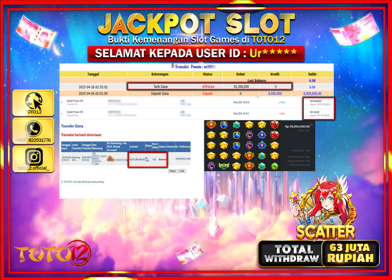 HANYA DI TOTO12 JP PASTI DI BAYAR LUNAS DAN CEPAT!!!!!! JACKPOT SLOT GAME (STARLIGHT PRINCESS 1000) Rp.63.000.000 !!!!