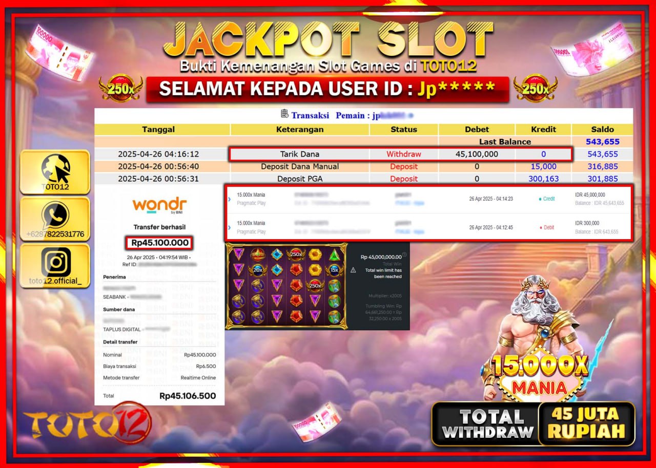 HANYA DI TOTO12 JP PASTI DI BAYAR LUNAS DAN CEPAT!!!!!! JACKPOT SLOT GAME (15.000X MANIA) Rp.45.000.000 !!!!