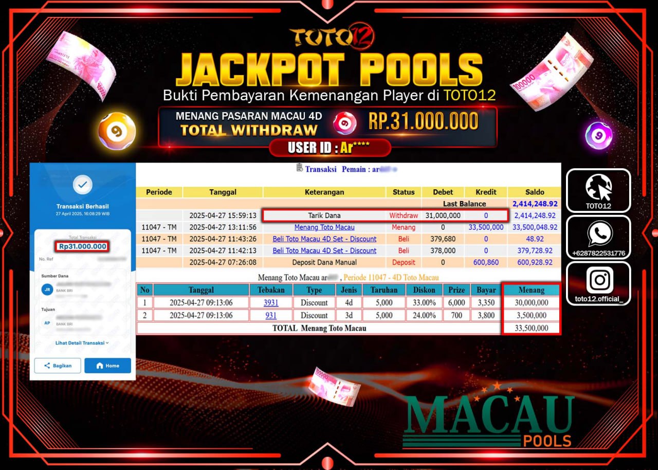 HANYA DI TOTO12 JP PASTI DI BAYAR LUNAS DAN CEPAT!!!!!! JACKPOT POOLS PASARAN (TOTO MACAU4D) Rp.31.000.000 !!!!