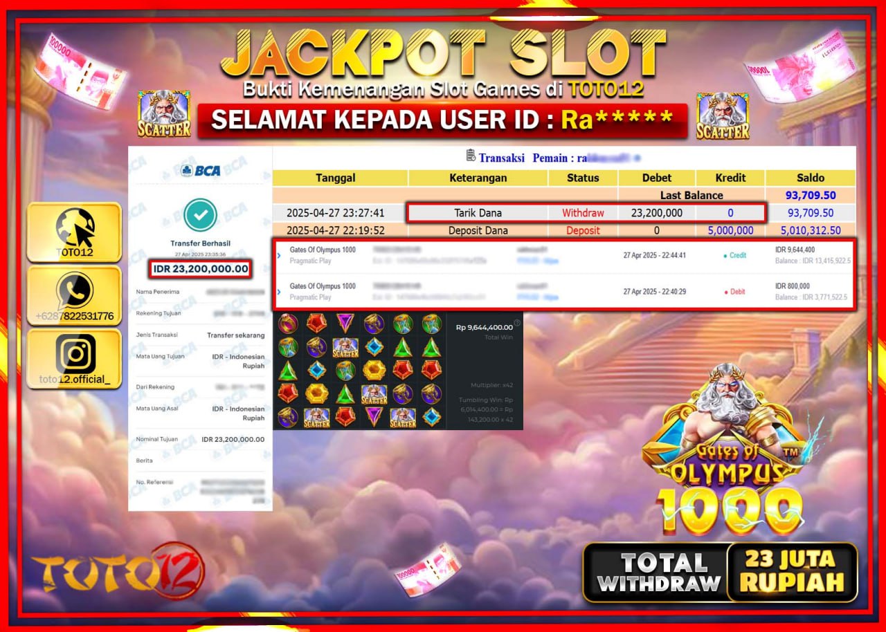 HANYA DI TOTO12 JP PASTI DI BAYAR LUNAS DAN CEPAT!!!!!! JACKPOT SLOT GAME (GATES OF OLYMPUS 1000) Rp.23.000.000 !!!!