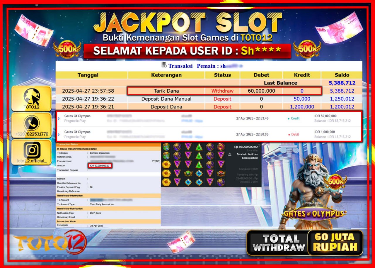HANYA DI TOTO12 JP PASTI DI BAYAR LUNAS DAN CEPAT!!!!!! JACKPOT SLOT GAME (GATES OF OLYMPUS) Rp.60.000.000 !!!!