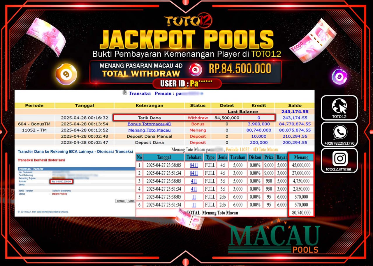 HANYA DI TOTO12 JP PASTI DI BAYAR LUNAS DAN CEPAT!!!!!! JACKPOT POOLS PASARAN (TOTO MACAU4D) Rp.84.500.000 !!!!