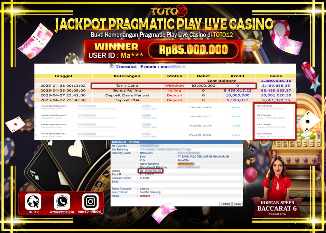 HANYA DI TOTO12 JP PASTI DI BAYAR LUNAS DAN CEPAT!!!!!! JACKPOT PRAGMATIC PLAY LIVE CASINO (KOREAN SPEED BACCARAT 6) Rp.85.000.000 !!!!