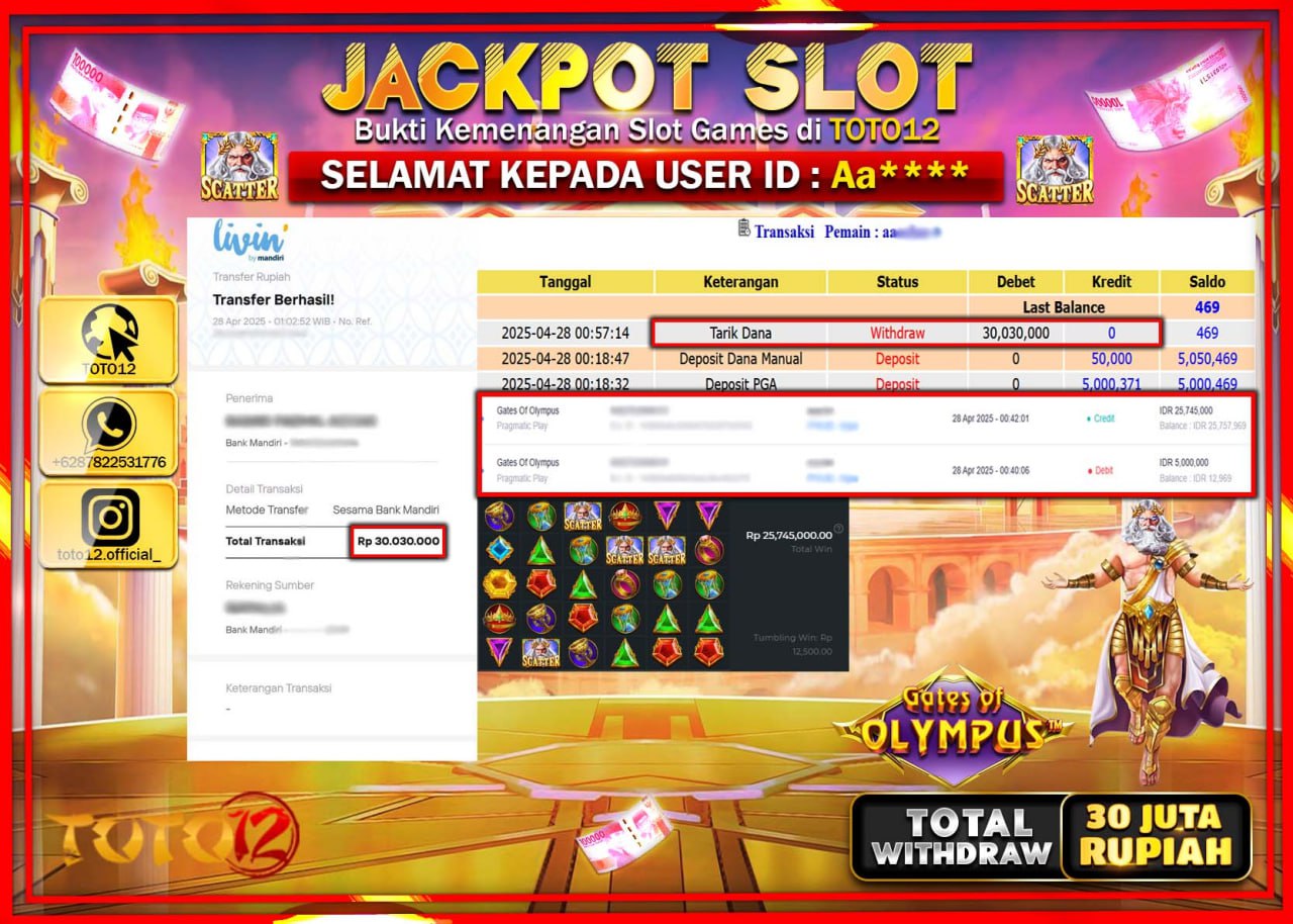 HANYA DI TOTO12 JP PASTI DI BAYAR LUNAS DAN CEPAT!!!!!! JACKPOT SLOT GAME (GATES OF OLYMPUS) Rp.30.000.000 !!!!