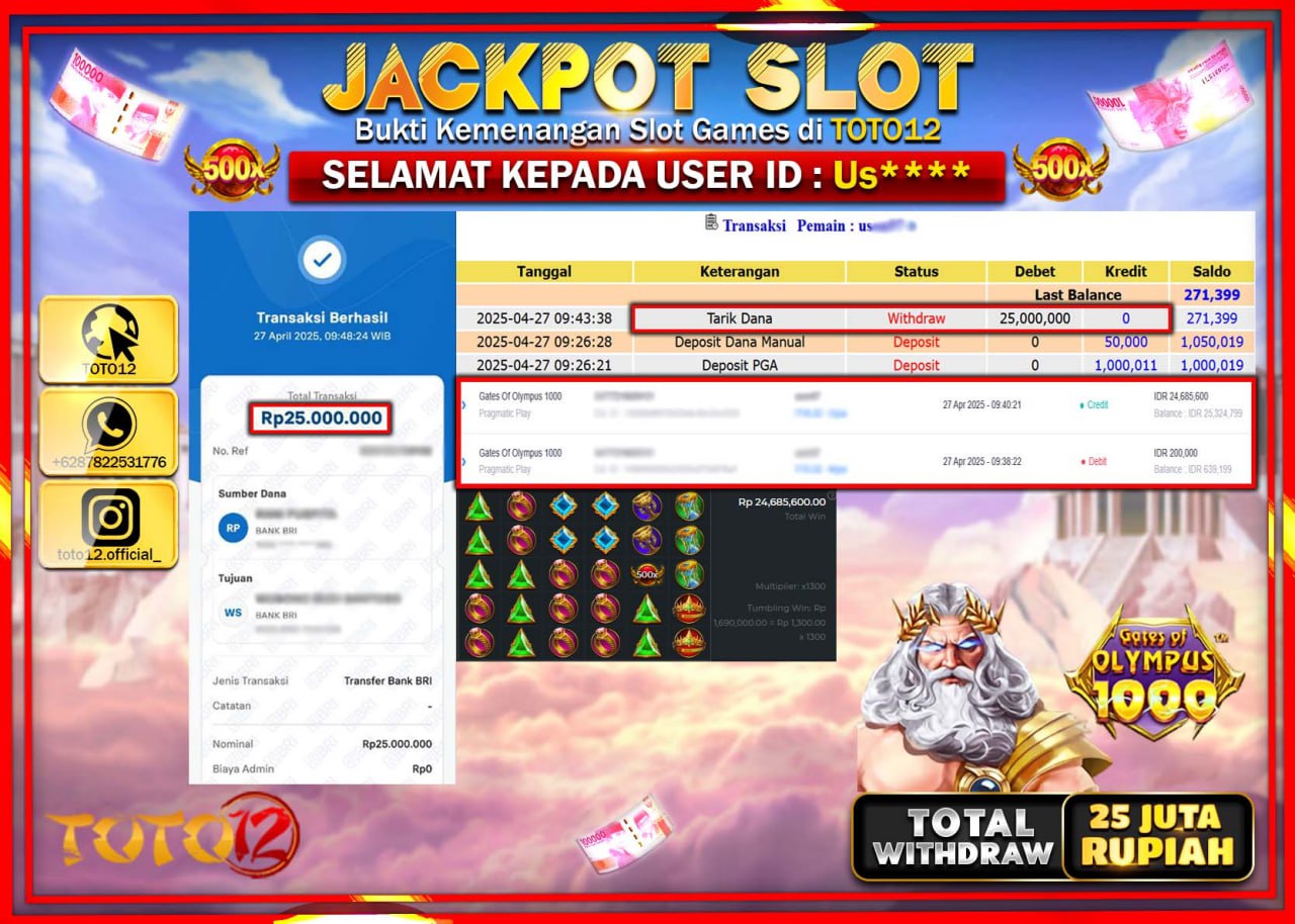HANYA DI TOTO12 JP PASTI DI BAYAR LUNAS DAN CEPAT!!!!!! JACKPOT SLOT GAME (GATES OF OLYMPUS 1000) Rp.25.000.000 !!!!