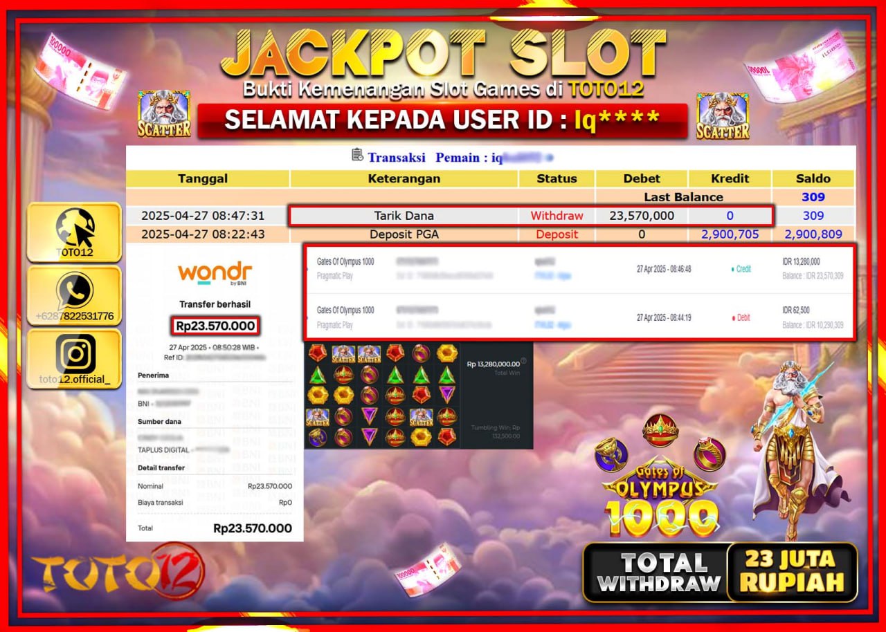 HANYA DI TOTO12 JP PASTI DI BAYAR LUNAS DAN CEPAT!!!!!! JACKPOT SLOT GAME (GATES OF OLYMPUS 1000) Rp.23.000.000 !!!!