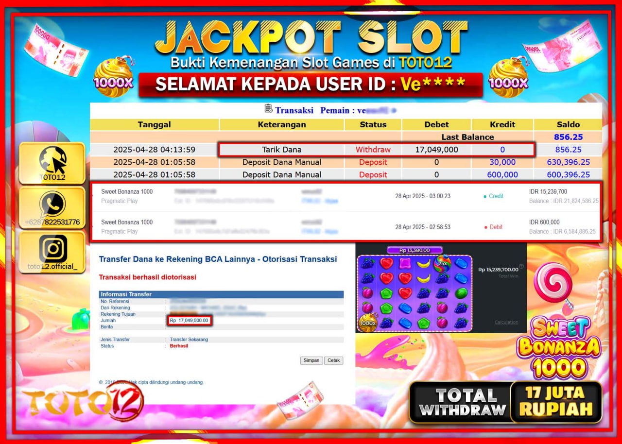 HANYA DI TOTO12 JP PASTI DI BAYAR LUNAS DAN CEPAT!!!!!! JACKPOT SLOT GAME (SWEET BONANZA 1000) Rp.17.000.000 !!!!