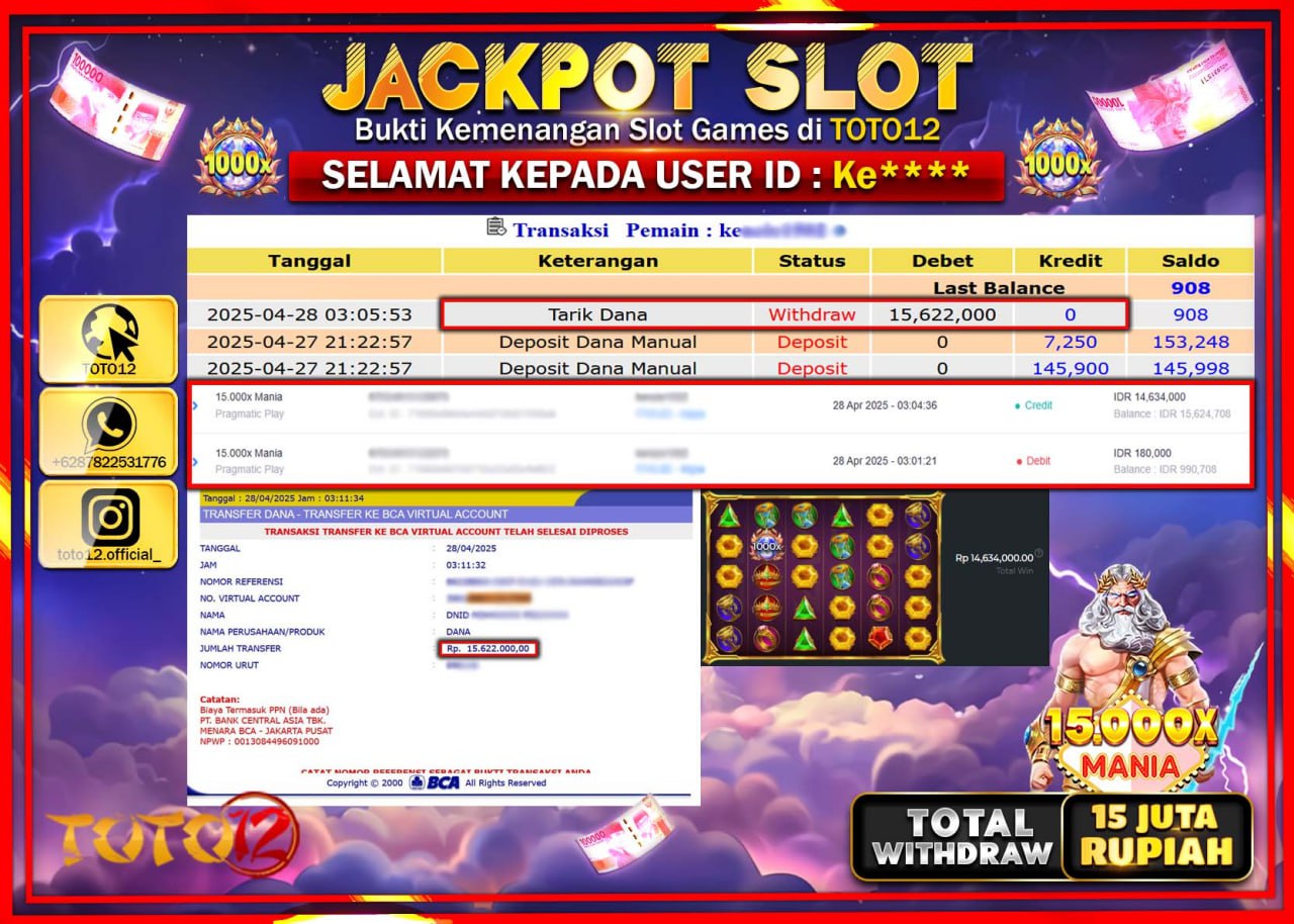 HANYA DI TOTO12 JP PASTI DI BAYAR LUNAS DAN CEPAT!!!!!! JACKPOT SLOT GAME (15.000X MANIA) Rp.15.000.000 !!!!