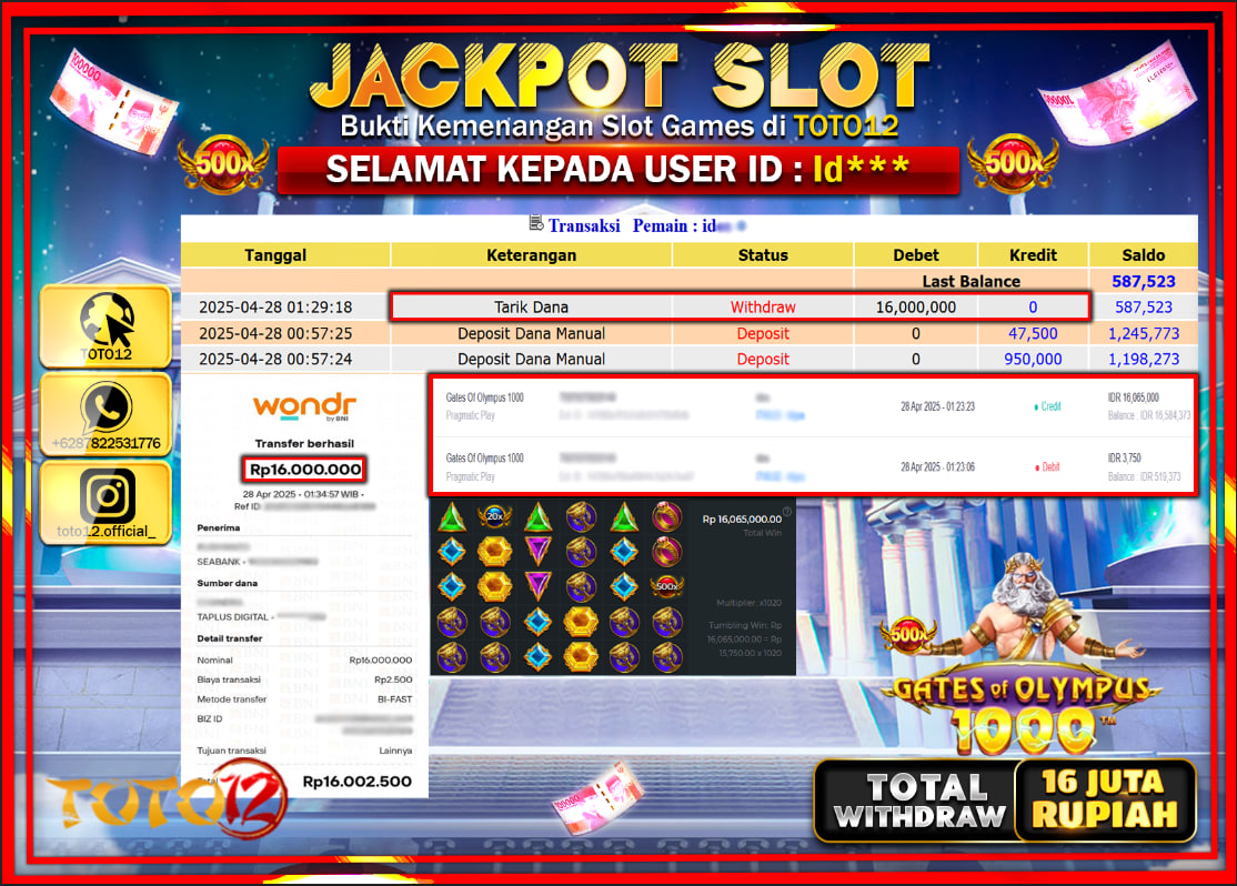 HANYA DI TOTO12 JP PASTI DI BAYAR LUNAS DAN CEPAT!!!!!! JACKPOT SLOT GAME (GATES OF OLYMPUS 1000) Rp.16.000.000 !!!!