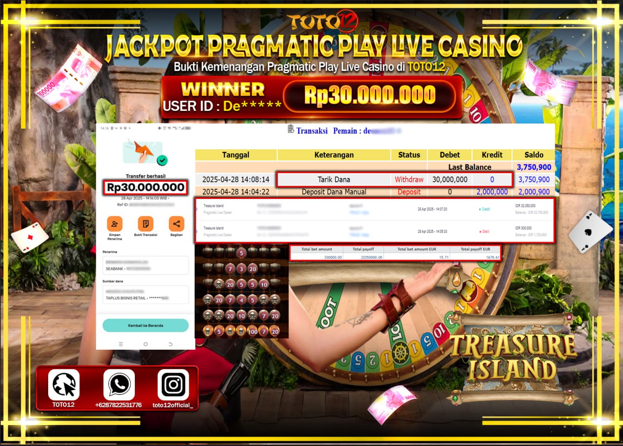 HANYA DI TOTO12 JP PASTI DI BAYAR LUNAS DAN CEPAT!!!!!! JACKPOT PRAGMATIC PLAY LIVE CASINO (TREASURE ISLAND) Rp.30.000.000 !!!!