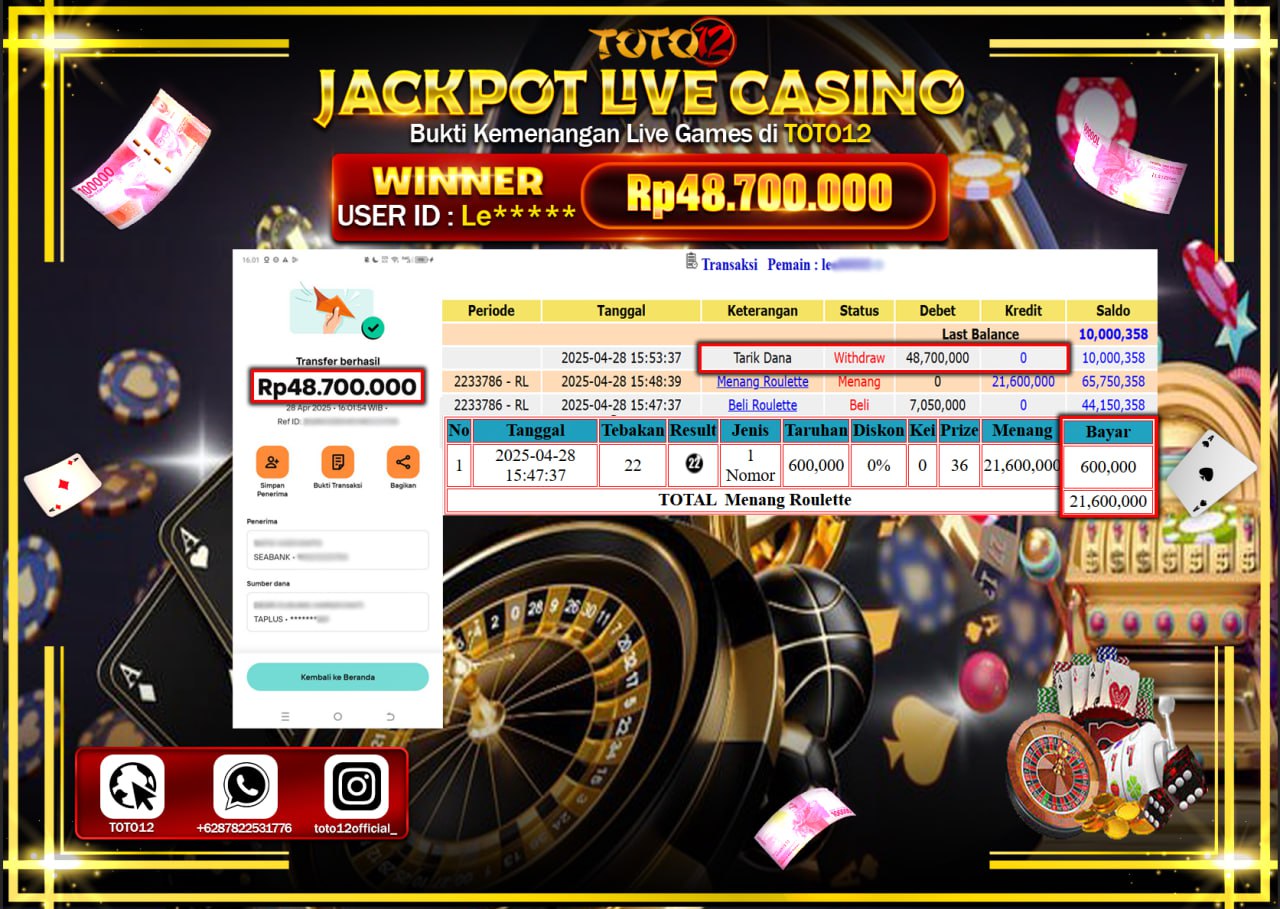 HANYA DI TOTO12 JP PASTI DI BAYAR LUNAS DAN CEPAT!!!!!! JACKPOT LIVE GAMES CASINO (ROULETTE) Rp.48.700.000 !!!!