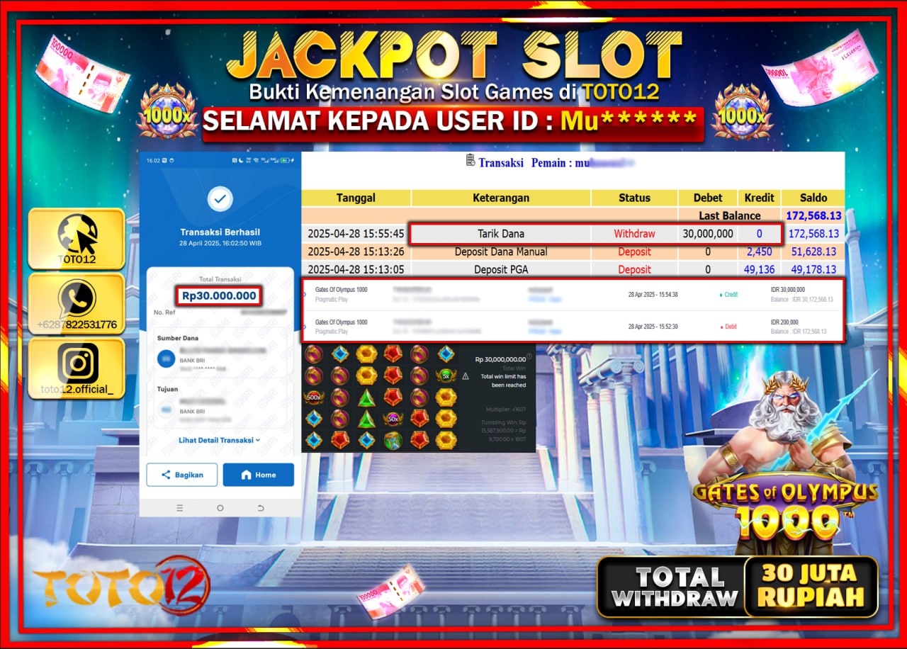 HANYA DI TOTO12 JP PASTI DI BAYAR LUNAS DAN CEPAT!!!!!! JACKPOT SLOT GAME (GATES OF OLYMPUS 1000) Rp.30.000.000 !!!!