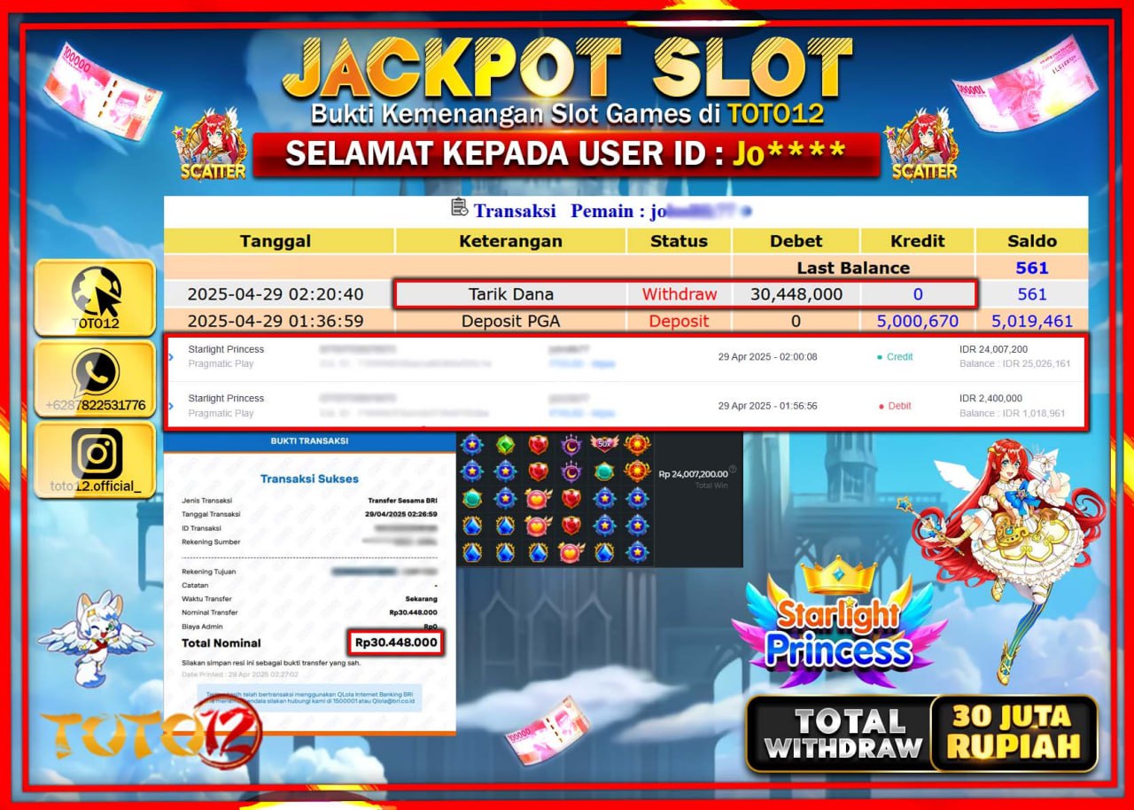 HANYA DI TOTO12 JP PASTI DI BAYAR LUNAS DAN CEPAT!!!!!! JACKPOT SLOT GAME (STARLIGHT PRINCESS) Rp.30.000.000 !!!!