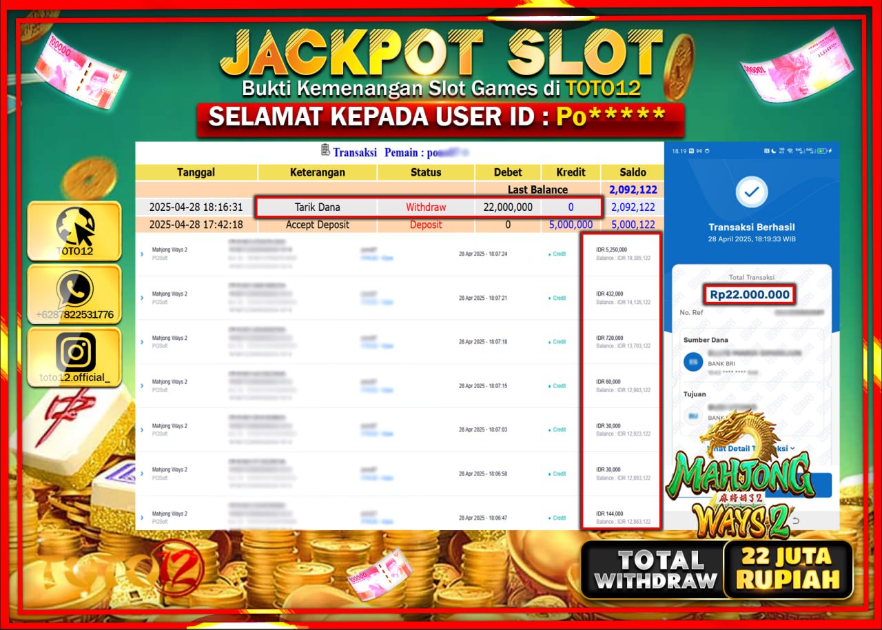 HANYA DI TOTO12 JP PASTI DI BAYAR LUNAS DAN CEPAT!!!!!! JACKPOT SLOT GAME (MAHJONG WAYS 2) Rp.22.000.000 !!!!
