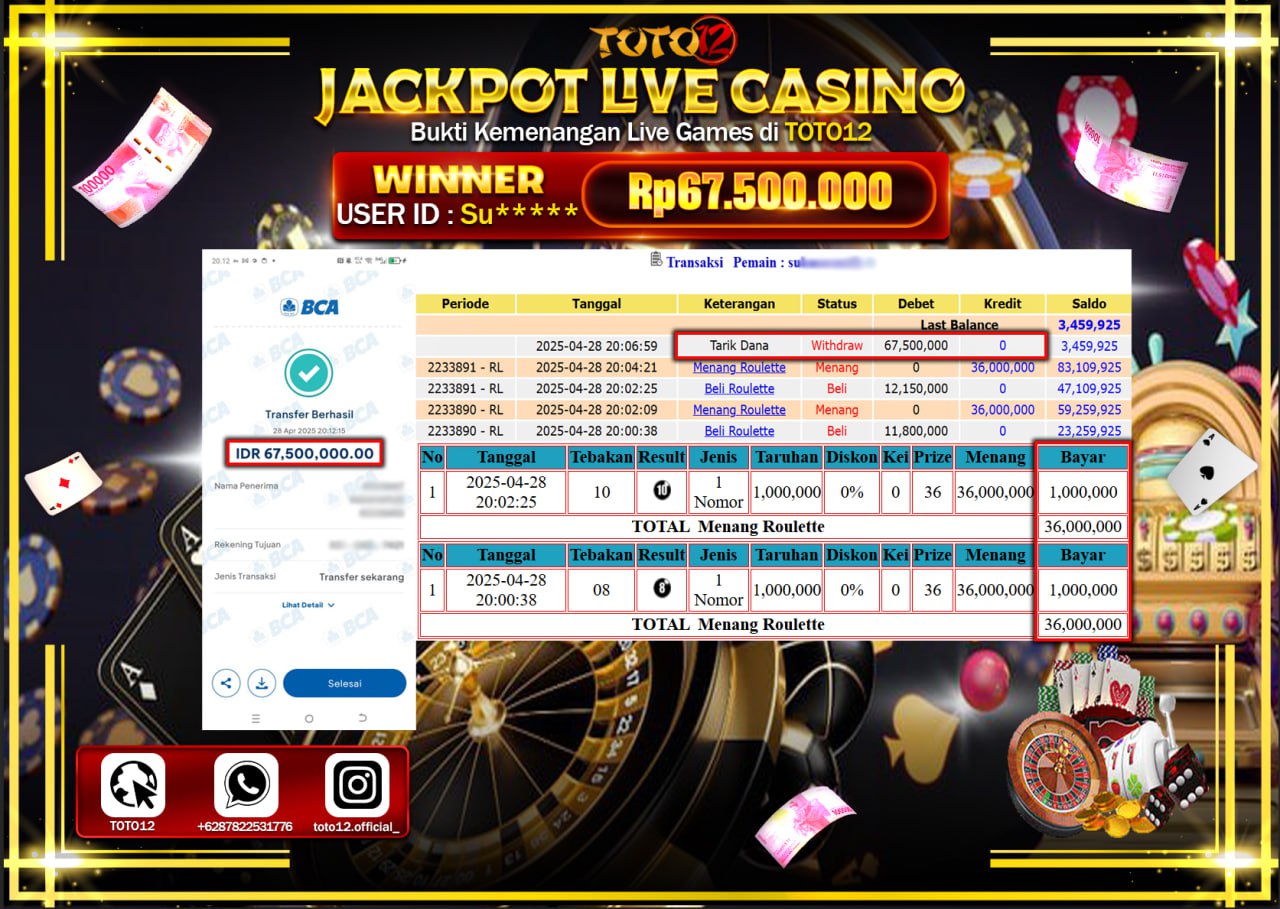 HANYA DI TOTO12 JP PASTI DI BAYAR LUNAS DAN CEPAT!!!!!! JACKPOT LIVE GAMES CASINO (ROULETTE) Rp.67.500.000 !!!!
